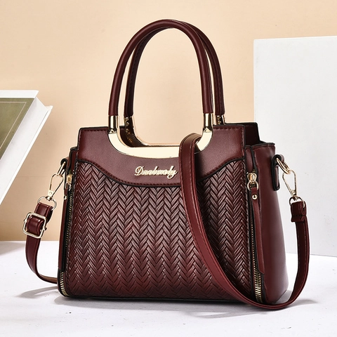 Handbag For Women PU Leather V-Woven Texture Large Capacity Top Handle Crossbody Shoulder Bag Retro Elegant Daily Use