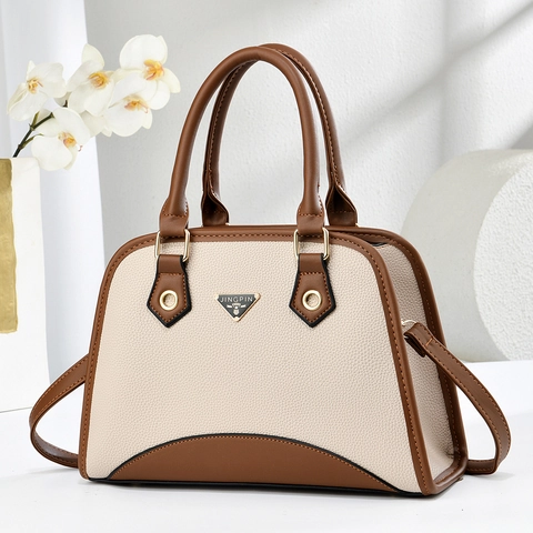 Elegant Women Handbag PU Leather Lychee Pattern Contrast Color Top Handle Shoulder Crossbody Shell Bag Large Capacity Simple
