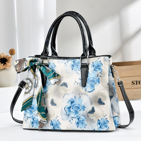 Women Handbag PU Leather Large Capacity Floral Rose Butterfly Print Crossbody Bag With Satin Scarf Elegant Tote