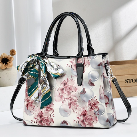Dames PU Leren Handtas Met Bloemen Vlinder Print Satijnn Sjaal Decor Commuter Schoudertas Handvat