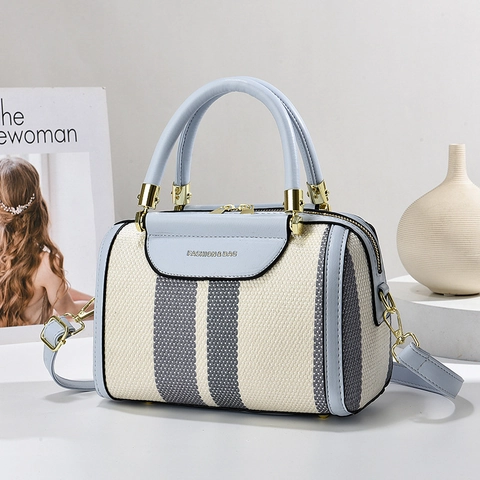 Fashion Striped Boston Handbag For Women PU Leather Woven Splicing Pillow Bag Vintage Color Block Shoulder Crossbody Bag