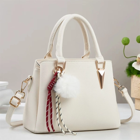 Fashion Handbag Lychee Pattern PU Leather Large Capacity Shoulder Crossbody Bag Trendy Minimalist For Women With Charm