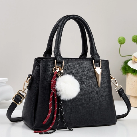 Fashion Handbag Lychee Pattern PU Leather Large Capacity Shoulder Crossbody Bag Trendy Minimalist For Women With Charm