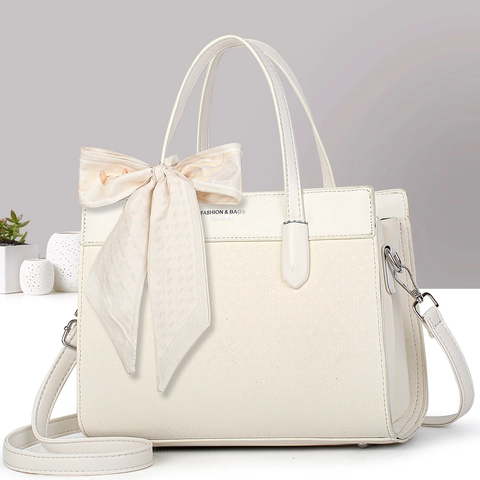 Damen Handtasche PU Leder Gewebte Textur Tote Bag Mit Dekorativer Satinnschal Abnehmbarer Schultergurt Chic Umhängetasche