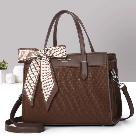 Damen Handtasche PU Leder Gewebte Textur Tote Bag Mit Dekorativer Satinnschal Abnehmbarer Schultergurt Chic Umhängetasche