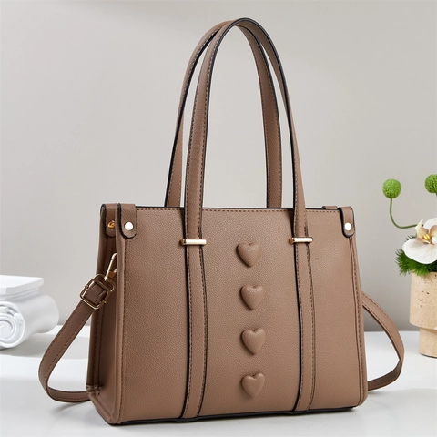 PU Leather Tote Bag Litchi Texture Vertical 3D Heart Decoration Women Handbag With Adjustable Strap Versatile Casual