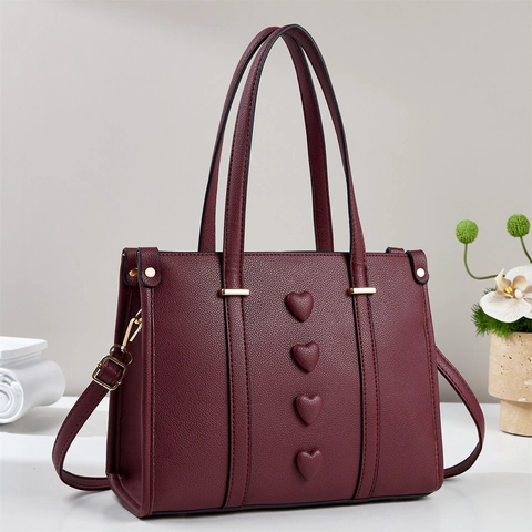 PU Leather Tote Bag Litchi Texture Vertical 3D Heart Decoration Women Handbag With Adjustable Strap Versatile Casual