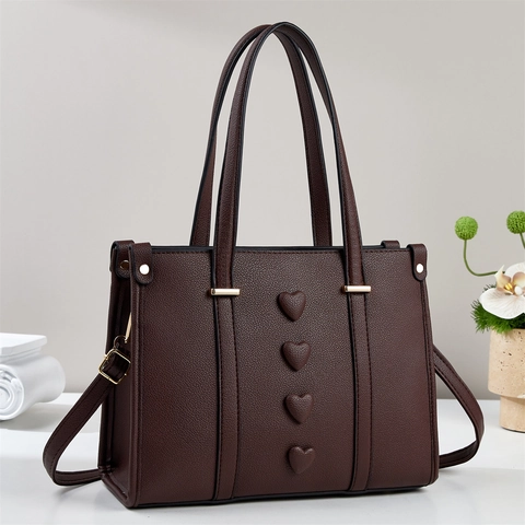 Women Litchi Grain PU Leather Handbag With 3D Heart Decor Large Capacity Tote Shoulder Bag Crossbody Elegant Trendy