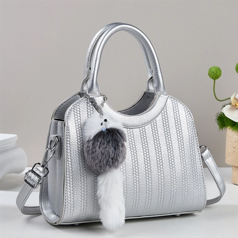 Embossed PU Leather Handbag Women Elegant Crossbody Shoulder Bag With Detachable Strap Metal Trim And Plush Charm