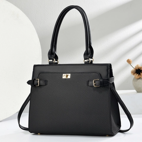 Elegante Damen Handtasche PU Leder Gewebte Textur Große Kapazität Umhängetasche Mit Goldener Drehverschluss Pendler Stil