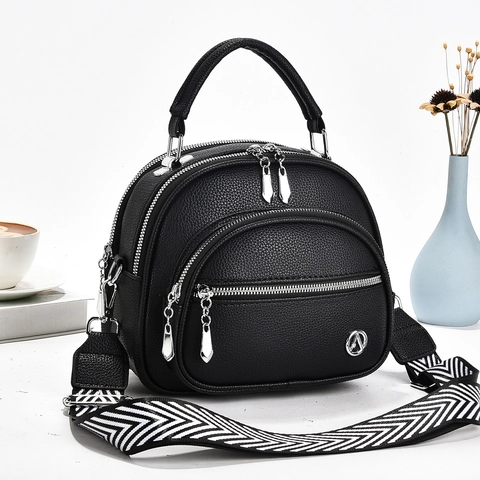 Shell Handbag Women PU Leather Lychee Grain Multi Layer Zipper Crossbody Bag With Wide Woven Strap Casual Solid Color