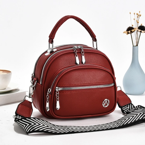 Shell Handbag Women PU Leather Lychee Grain Multi Layer Zipper Crossbody Bag With Wide Woven Strap Casual Solid Color