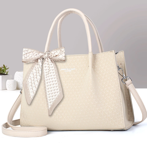 Large Capacity Woven Texture Tote Bag For Women PU Leather Handbag With Satin Scarf Decor Fashion Shoulder Bag Office Party
