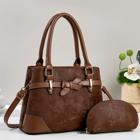Elegante Borsa A Mano E Pochette Coordinata Da Donna Pelle PU Opaca Decorazione Fiocco Grande Capacità Borsa A Tracolla Stile Vintage