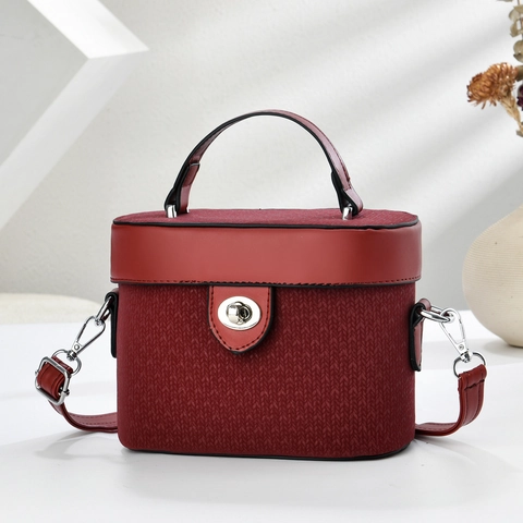 Women Handbag PU Leather Woven Texture Crossbody Shoulder Bag Box Style Twist Lock Fashion Elegant