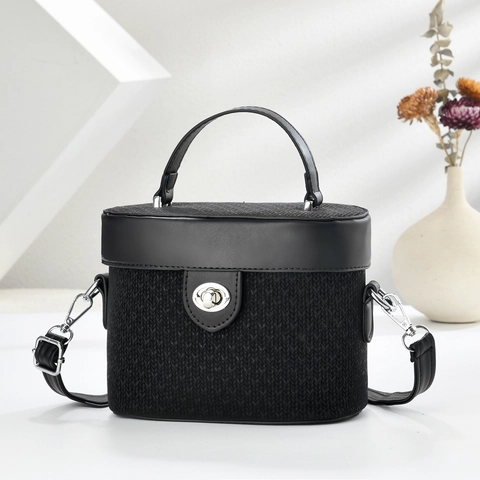 Women Handbag PU Leather Woven Texture Crossbody Shoulder Bag Box Style Twist Lock Fashion Elegant