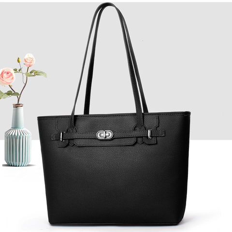 Women Litchi Pattern Tote Bag PU Leather Fashion Large Capacity Shoulder Handbag With Metal Turn Lock