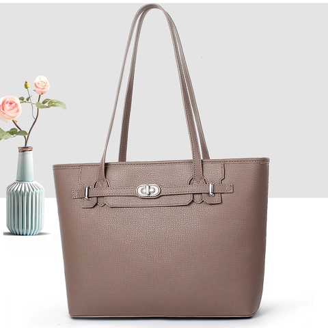 Women Litchi Pattern Tote Bag PU Leather Fashion Large Capacity Shoulder Handbag With Metal Turn Lock
