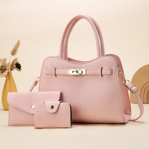 Borsa A Mano Da Donna E Portafoglio E Portacarte Trama Litchi Pelle PU Hardware Dorato Retrò Elegante Versatile