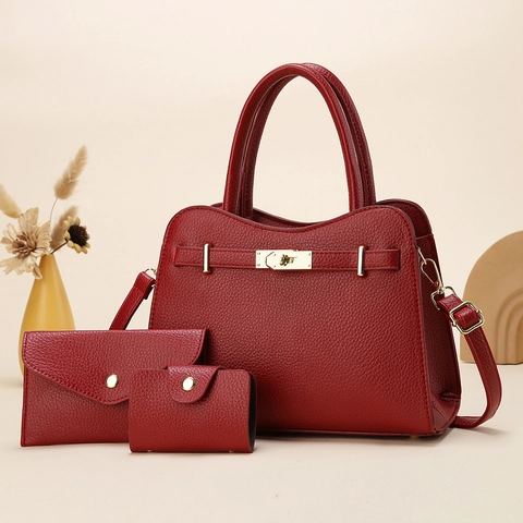 Borsa A Mano Da Donna E Portafoglio E Portacarte Trama Litchi Pelle PU Hardware Dorato Retrò Elegante Versatile