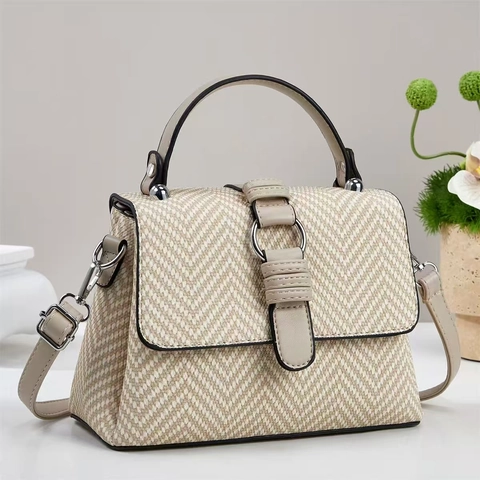 Women Retro Handbag PU Leather Herringbone Woven Texture Crossbody Shoulder Bag With Top Handle Metal Ring Buckle