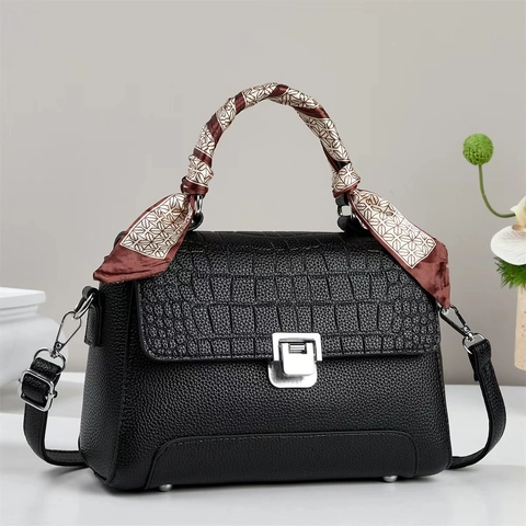 Women Handbag PU Leather Crocodile Pattern Scarf Wrapped Handle Metal Lock Shoulder Crossbody Bag Fashionable Ladies