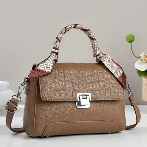 Women Handbag PU Leather Crocodile Pattern Scarf Wrapped Handle Metal Lock Shoulder Crossbody Bag Fashionable Ladies
