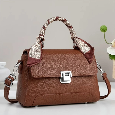 Borsa Da Donna Pelle PU Grana Litchi Manico Sciarpa Di Raso Serrure Quadrata Metallo Tracolla Elegante Alla Moda