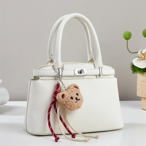 Litchi Grain PU Leather Handbag Women Crossbody Bag Metal Twist Lock Shoulder Strap Cute Plush Bear Charm Decor