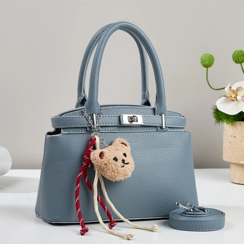 Women Fashion Handbag PU Leather Litchi Pattern Top Handle Bag With Metal Lock Removable Strap And Bear Charm