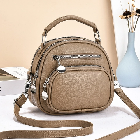 Vintage Litchi Texture PU Leather Handbag For Women Multi Zipper Compartments Crossbody Shoulder Bag With Adjustable Strap