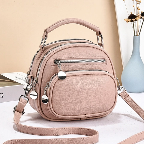 Vintage Litchi Texture PU Leather Handbag For Women Multi Zipper Compartments Crossbody Shoulder Bag With Adjustable Strap
