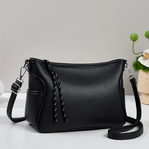 Women Retro PU Leather Shoulder Bag Large Capacity Lychee Texture Crossbody Bag With Braided Tassel For Casual Travel