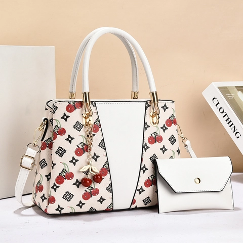Women Handbag And Wallet PU Leather Cherry Print Monogram Pattern Large Capacity Tote Bag Fashion Shoulder Bag