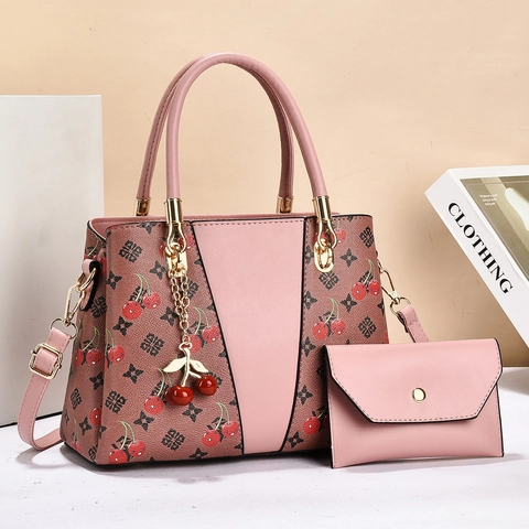 Women Handbag And Wallet PU Leather Cherry Print Monogram Pattern Large Capacity Tote Bag Fashion Shoulder Bag