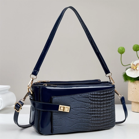 Women Crossbody Bag PU Patent Leather Crocodile Pattern Multi Layer Small Square Shoulder Bag For Commuter