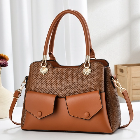 Borsa A Mano Da Donna In Pelle PU Con Trama Intrecciata Elegante Borsa A Tracolla Hardware A Conchiglia Dorata Tasche Multiple