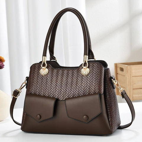 Borsa A Mano Da Donna In Pelle PU Con Trama Intrecciata Elegante Borsa A Tracolla Hardware A Conchiglia Dorata Tasche Multiple