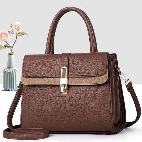 Borsa a Mano da Donna in Pelle PU Con Trama a Litchi Elegante Borsa a Tracolla Patchwork Con Chiusura Dorata per Ufficio