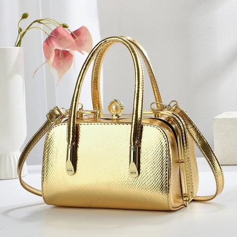 Borsa A Mano Donna Pelle PU Trama Serpente Cornice Metallo Perla Artificial Chiusura Kiss Lock Serata Tracolla Retro Stile Dottore