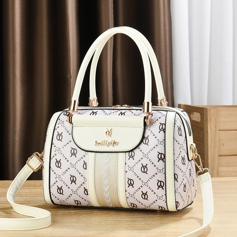Women Boston Handbag Vintage Print PU Leather Crossbody Bag With Adjustable Shoulder Strap Gold Hardware