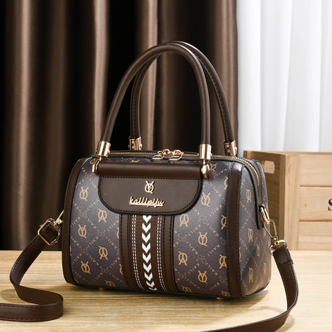 Women Boston Handbag Vintage Print PU Leather Crossbody Bag With Adjustable Shoulder Strap Gold Hardware