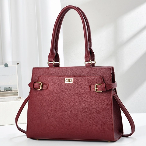 Women Handbag PU Leather Litchi Grain Tote Crossbody Bag With Gold Turn-Lock Top Handle Simple Elegant Structured
