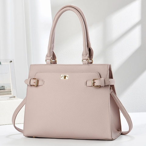 Women Handbag PU Leather Litchi Grain Tote Crossbody Bag With Gold Turn-Lock Top Handle Simple Elegant Structured