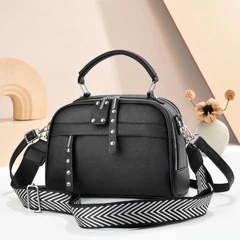 Women Pebbled PU Leather Handbag Rivet Decor Crossbody Shoulder Bag With Wide Patterned Strap Double Zipper Fashionable