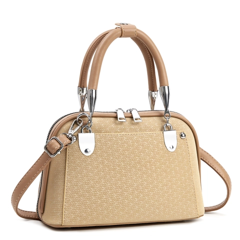 Shell Shaped Women Handbag PU Leather Woven Texture Elegant Urban Double Handle Adjustable Shoulder Strap Silver Hardware