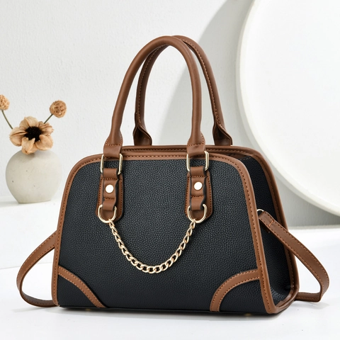 Women Handbag Lychee Pattern PU Leather Elegant Shell Shape Color Block With Gold Chain Detachable Strap Large Capacity