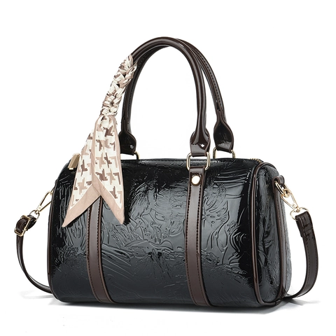 Boston Tasche Damen Geprägte Florale Lackleder Handtasche Retro Schultertasche Mit Satinnschal Zylinder Kissen Beutel