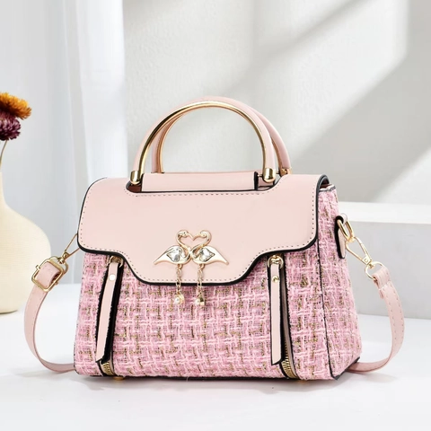 Bolso De Hombro De Tweed Para Mujer Bolso De Mano Elegante Con Flamenco Perla Artificial Asa De Metal Contraste Bolso Bandolera