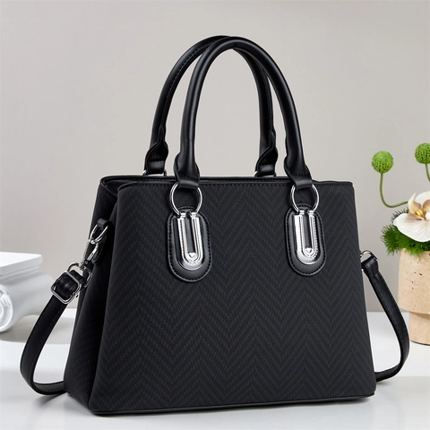 Women Handbag Large Capacity PU Leather Herringbone Woven Tote Bag Urban Minimalist Shoulder Bag Silver Buckle